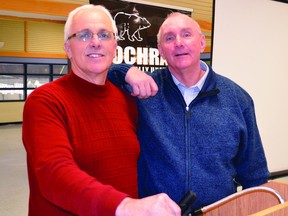 Hearst Mayor Roger Sigouin, left, is going to be working closely with Timmins Mayor Tom Laughren for the next year. Laughren has been re-elected as president of the North Eastern Ontario Municipal Association (NEOMA), while Sigouin was selected as vice-president of the organization.