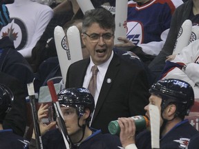 Jets head coach Claude Noel barks instructions at the troops during the season opener against Ottawa. (KEVIN KING/Winnipeg Sun)