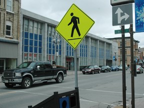 Hinks St. and Talbot St. at one of the city's uncontrolled courtesy crossings. St. Thomas city council approved a pilot project for spring that will add new signs telling both pedestrians and motorists that vehicles have the right-of-way at such crossings. (Nick Lypaczewski, Times-Journal)