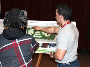 Engineering capital technician with the municipality Lonnie Pilgrim explained various aspects of the proposed Real Martin Drive cemetery to residents who stopped by for the public information session Thursday evening in the Casman Centre amphitheater. JORDAN THOMPSON/TODAY STAFF