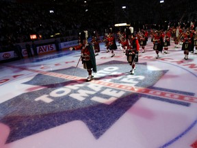 It’s tradition that the 48th Highlanders perform on the ice before a Leafs home opener — but usually not in January. (MICHAEL PEAKE/Toronto Sun)