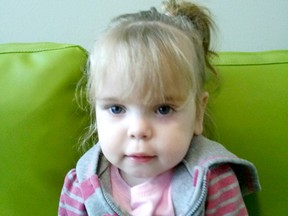 Two-year-old Kiersten Nicol is seen here at the Children’s Hospital of Eastern Ontario (CHEO) in Ottawa where she has been staying recently. The girl suffers from grade three Subglottic Stenosis and her family is reaching out to the community for financial assistance. 
Submitted photo.