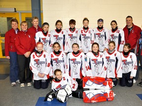 The Timmins Tornadoes made it to the semi-finals in the U14 Tween ‘A’ Division at the Whitby Ringette Association Annual Tournament this past weekend. Members of the gold-medal winning team include: Reanne Maisonneuve, front. Middle row, from left: Gabi Dagenais, Janelle Beland, Thea Wucher, Alexa Verreault, Kameron Brousseau and Alexie Trudel. Back row, from left: Janet Jensen, Tamara Tremblay-Bartolomucci, Cheryl Wucher, Jaime Lee Cayen, Aimee Chenier, Erin Rumleski, Tara Jensen, Veronique Gagne, Emily Bartolomucci, Andre Chenier and Nathalie Beland.