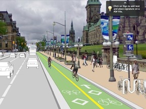 Planners have envisioned transforming downtown streets by beefing up cycling infrastructure, including separated lanes on Wellington St. and the Mackenzie King Bridge. Source: City of Ottawa.