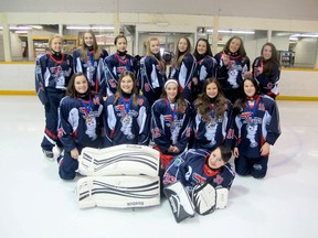 The Timmins Tornadoes won the U16 Junior ‘A’ Division at the Whitby Ringette Association Annual Tournament this past weekend. Members of the gold-medal winning team include: Kayla Short, front. Middle row, from left: Taylor Banks, Deanna Vien, Alexa Béland, Janelle Robichaud and Bianca Robichaud. Back row, from left: Maia Kvas, Mélanie Malette, Véronic Delage, Jordan Thiboutot, Nadia Dagenais, Sarah Bellemare, Emily Jensen, Jenna Dubeau. Missing from the photo is Tara Griener.