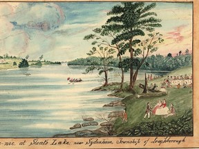 'A pic-nic at Sloat’s Lake; near Sydenham, Township of Loughborough, 1861,' watercolour by Thomas Burrowes, Archives of Ontario