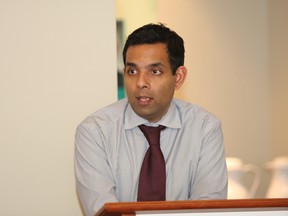 Dr. Samir Sinha, author of a report on seniors' strategy, speaks to an audience at the North East Community Care Access Centre in Sudbury, ON. on Tuesday, January 22, 2013. JOHN LAPPA/THE SUDBURY STAR/QMI AGENCY