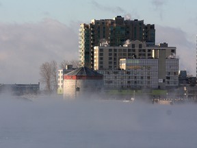 A common sight this time of year is when the warmer water meets the frigid January air making for fog-like conditions on the Kingston waterfront. The Shoal Tower (foreground, right) is barely visible as only the top appears above the mist.
Ian MacAlpine The Whig-Standard
