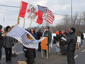 Members of Whitefish River First Nation took to Highway 6 to slow down traffic on Wednesday, Jan. 16, as part of the National Day of Action held coast to coast.
Photo by Dawn Lalonde/Mid-North Monitor/QMI Agency