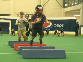 Northern Raider Damon Jonson goes through a drill during the team’s winter skills camp at Genesis Place on Sunday.