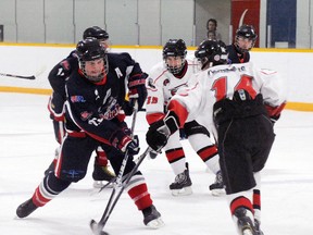 MONTE SONNENBERG Simcoe Reformer
The Ayr Centennials opened their SOJHL first-round playoffs with an 8-1 drubbing of the Norfolk Rebels Tuesday. Dylan Heaslip and his Rebel teammates will try to do better Thursday night in Port Dover. Game time is 7:30 p.m.