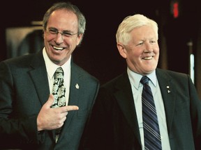 Chatham-Kent Mayor Randy Hope, left, spoke at length about his experience as an MPP along with now federal Liberal leader Bob Rae, right, in the 1990s during Rae's farewell tour stop in Chatham, On., Wednesday January, 23, 2013. DIANA MARTIN/ THE CHATHAM DAILY NEWS/ QMI AGENCY