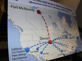 A 2013 map showing Fort McMurray's direct route to Denver, and some of the destinations connected to Denver. JORDAN THOMPSON / TODAY FILE PHOTO