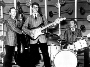 SUBMITTED PHOTO   Buddy Holly jams with the original Crickets, Joe B. Mauldin (left) and Jerry Allison (right). For the 1959 Winter Dance Party, Holly recruited Tommy Allsup, Waylon Jennings and Carl Bunch to back him up.