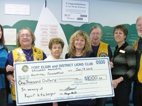 Pictured (left to right) Christine Kelly, SMHF, Mary Heimbecker, Lions Club, Eva Kitzberger and daughter, Anita Kuliha, Peggy Buckton, Lions Club, Erin Zorzi, chair SMHF and Doug Earle celebrate a gift to the hospital in memory of Rupert Kitzberger.