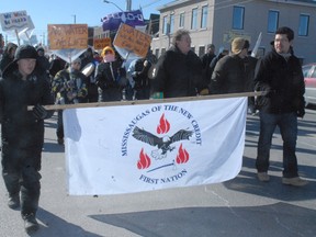 Members of the Mississauga of the New Credit First Nation held a march in Hagersville Thursday in opposition to Bill C-45. (Danile R. Pearce Simcoe Reformer)