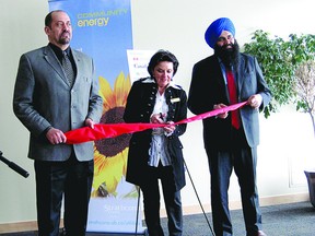 The Centre in the Park Community Energy System was unveiled on Monday, Jan. 21 at a ribbon cutting ceremony. From left: Drayton Valley Mayor Moe Hamdon, Strathcona County Mayor Linda Osinchuk and MP Tim Uppal. Photo Supplied