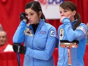 Kalynn Park, left, shown here with former teammate Casey Scheidegger, was hesitant to joing the Shannon Kleibrink rink but says the transition has been easy. (David Bloom, Edmonton Sun)