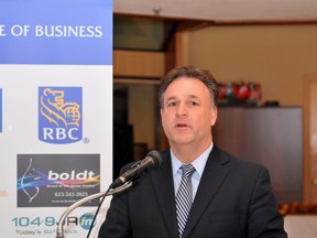 Leeds-Grenville MP Gord Brown speaks to members of the Brockville and District Chamber of Commerce during Thursday's MP Breakfast at the Brockville Country Club. (RONALD ZAJAC/The Recorder and Times)
