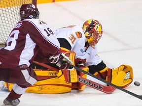 Belleville Bulls netminder Charlie Graham snags the puck during OHL action in Peterborough against the Petes Thursday night at the Memorial Centre. (Clifford Skarstedt/Peterborough Examiner.)