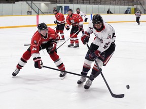 MONTE SONNENBERG Simcoe Reformer
Dylan Cole of the Norfolk Rebels spent much of Thursday night trying to make something happen in the Ayr Centennials’ end of the rink during Game 2 of the teams’ opening-round playoff series. Ayr won the game 7-1 to take a two games to none series lead.