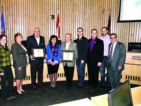 Strathcona County councillors Peter Wlodarczak (third from the left) and Vic Bidzinski (fifth from right) show the Queen Elizabeth II Diamond Jubilee medals that they were surprised with at the Tuesday, Jan. 22 council meeting. Photo Courtesy Dwayne Welsh