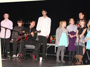 Kevin Arcand (centre) led a group of singers from the Drug Strategy Prevention Program in a song during a Gala at the CJVR Performing Arts Theatre in the Kerry Vickar Centre in Melfort on Thursday, January 24,