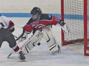 Brantford Saints #10 Ethan Bush takes a shot on St. Catharines CYO Storm goalie Maddox Nazwaski during a novice select game played Friday at Lions Park Arena as part of the Brantford Church Hockey League's Tournament of Friends. (BRIAN THOMPSON The Expositor)