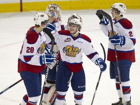 Dylan Wruck, seen here cleebrating a goal with his Oil Kings teammates, says he has had some celebrations cut short. (Ian Kucerak, Edmonton Sun)