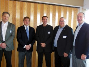 Pictured from left, Rick Walsh, COO OSUM Oilsands Corporation; Elgin-Middlesex-London MPP Jeff Yurek; Glen Schmidt, President and CEO Laricina; Elgin-Middlesex-London MP Joe Preston; Richard Sendall, senior VP of strategy and government relations. (Special to QMI Agency)