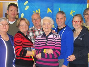 Alzheimer's Walk for Memories at West Hill in Owen Sound Saturday. The Stewart family poses with Elaine Stewart, centre, who has had Alzheimer's disease for 10 years. From left to right are: Millie Harmon, Ian Harmon, Connie Harmon, Alvin Stewart, Elaine, Steven Stewart, Kit Stewart and Ian Stewart.