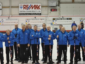 Members of the Scottish Strathcona Cup Western Tour team sing a song called “Curling Crazy” prior to the start of their morning matches Saturday in Portage la Prairie. It was a song written special for this tour. (Kevin Hirschfield/QMI AGENCY)