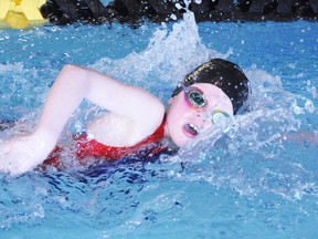 DANIEL R. PEARCE  Simcoe Reformer

McKenna Carr, nine, of the Norfolk Hammerheads swim team competed at a swim meet at Simcoe’s indoor pool on Sunday morning. Teams from Wilmot and Ingersoll also competed. Hammerheads coach Lisa Anderson said it was one of the biggest meets held at the poo