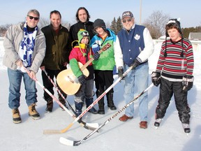 SEAN CHASE    The fourth annual Kinsmen Rink Fundraiser will be held at Westside Tap and Grill this coming Saturday from 3 p.m. to 1 a.m. Here the organizing committee promotes the event at the Kinsmen rink in Pembroke: (left to right) Brian Abdallah, Jeff Sanders, Doug Skeggs, Elliott Skeggs (holding the guitar), Connor Skeggs, Jim Malcolm and Dalton Favro.