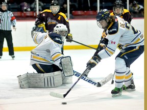 The Timmins Majors were swept by the Kapuskasing Flyers this past weekend in a two-game series at the McIntyre Arena. Flyers defender Joshua Dejulio picks up the puck in front of goalie Sylvain Miron following a Majors attempt on net in the third period. Dejulio scored the game-winning-goal in overtime to give the Flyers the victory.