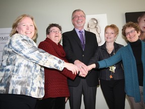 Kelly Stadelbauer, executive director of the Association of Ontario Midwives, midwife Heather Keffer, Hanover hospital board chair Brad Holman, hospital CEO Katrina Wilson and chief of obstetrics Dr. Rochelle Dworkin at the launch of a midwifery services at the Hanover hospital.