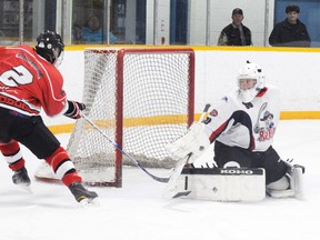 DANIEL R. PEARCE  Simcoe Reformer

Adam Fisher of the Ayr Centennials puts the puck past Norfolk Rebels goaltender Jason Miller during Ayr’s 17-2 victory in Junior C playoff action Sunday afternoon. Norfolk sits on the brink of elimination.