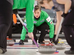 Kristie Moore of Grande Prairie's Team Moore watches the rock as it slides down the sheet during the championship game of the
Alberta Scotties Tournament of Hearts in Lethbridge Sunday afternoon. (David Fuller/Special to the DHT)