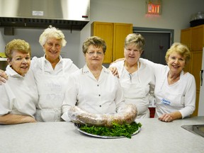 Pictured is the lovely kitchen staff (left to right) Marnie Cammidge, Dolores Spielmacher, Barb Wilson, Vicky Pickup and Fran Richard getting ready to prepare the haggis for the celebration.