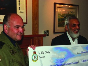 4 Wing Commander Col. Patrice Laroche (left) presents Ajaz Quraishi (right) with a cheque for the United Way, from the base.
