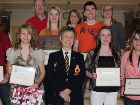 Youth education chairperson Sue Johnson, of the Royal Canadian Legion Branch 62, presented SCITS students with awards at the high school. A total of six students won awards through the legion's annual poetry and art contest. Pictured here are students Corey Conroy, Madeline Gibson, Rachel Dolbear, Austin Hewton, Beth Soden and Mikayla Downie. BARBARA SIMPSON / THE OBSERVER / QMI AGENCY