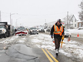 A water main break on Notre Dame Avenue near Pioneer Manor has traffic backed up on Monday afternoon. JOHN LAPPA/THE SUDBURY STAR/QMI AGENCY
