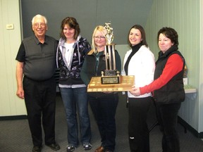 Mel Fellows, at right represents Betty Fellows at the memorial tournament with the A team, from left, Roxanne Krysik, lead , Bonnie Hunter, third, Jill Wildman, skip, Tammy Bell, second