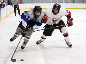 File Photo
Kyle Parsons of the Hagersville Hawks, right, cuts Brad Ward of the Delhi Travellers off at the pass during third period action in this file photo from Dec. 26, 2012. The Travellers will face the Wellesley Applejacks in Game 5 of the best of seven playoff series on Wednesday.