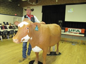 Curt Pate of South Dakota explains effective stockmanship, which he describes as a humane and successful way to handle cattle ensuring that they are stressed to learn, but not cruelly stressed, and that they can be handled safely through the entire production chain. The cowboy who consulted on the 1998 Robert Redford film, The Horse Whisperer, has since switched back to his first interest, handling stock which he teaches to cattle producers. He addressed local producers at the UFA Cattle College held at Mayerthorpe’s Diamond Centre on Tuesday, Jan. 22.