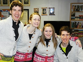 From left, the QCC team of Morgan Calwell, Erin Butler, Jordan Mark and Mac Calwell wore special sweaters created by their coach, Beth Calwell, at the 52nd annual Ottawa Valley mixed bonspiel. (Photo submitted.)