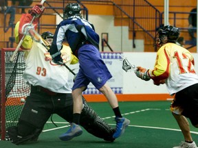 Photo by Tim Prothero/CLAX

Caleb Wiles of the Barrie Blizzard attempts to score on Ohsweken Demons' Jeff Powless Saturday at the Iroquois Lacrosse Arena.