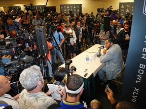 Ravens inside linebacker Ray Lewis speaks during a news conference after the team's arrival for Super Bowl XLVII in New Orleans on Monday, Jan. 28, 2013. (Jeff Haynes/Reuters)