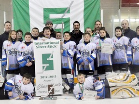 Contributed Photo
The Delhi Atom Rep Rockets won the first ever Delhi International Silverstick tournament, besting Six Nations 4-0 for the championship on Sunday night. Pictured are, front row: Ty Mabee and Dylan Depaepe. Middle row: Aly Ernst, Landon McCallum, Ryan Hill, Jared Austin, Luca Meyer, Maguire Duwyn, Issac Borges and Kobe Byers. Back row: assistant coach Mark McCallum, Zachary Mels, Ryan Jamieson, assistant coach Wayne Mels, Mason Puype, coach Dave Austin, Austin Sherman, trainer Shawn Duwyn and manager Mike Hill.