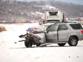 Traffic was backed up on highway 17 on Monday evening due to this accident between Southview Drive and Fielding Road, one person was killed and another sent to hospital, the highway was closed till late last night.
GINO DONATO/THE SUDBURY STAR